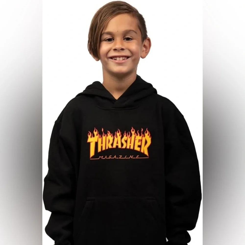 Thrasher Magazine Black Hoodie with Flame Logo Size M (boys 7) - Picture 1 of 4